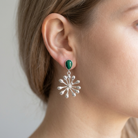 Anting Bentuk Bunga dengan Batu Malachite Alami Berlapis Perak Perhiasan Kuningan Wanita Gaya Vintage Bohemia Anting Fashion