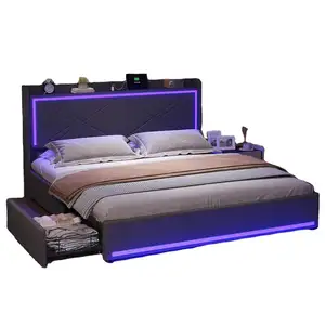 Led Lights King Size Modern Bed With Drawers Wooden Bed