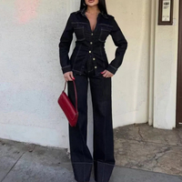 Ensemble De Pantalons En Jean Femme Printemps 2025 Vintage Street Slim Manches Longues Revers Veste Simple Boutonnage Et Pantalon Droit