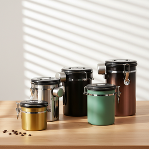 Stainless Steel Coffee Grounds and Beans Container Tea Sugar Coffee Canister with Date-Tracker, CO2-Release and Spoon - Product Image 1