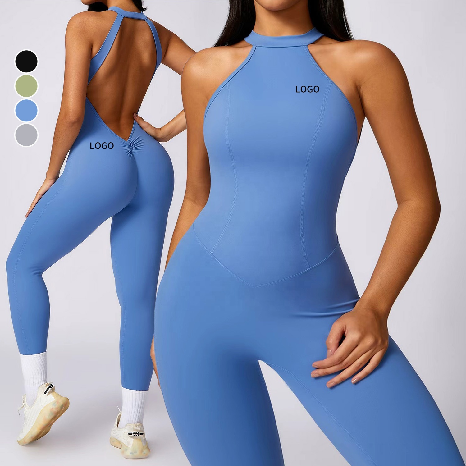 Custom Logo Quick Drying Women Sportswear Compression Soft Lightweight Yoga Jumpsuits & Playsuit Scrunch Back Sports Bodysuit