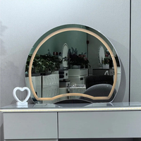 Ensemble de coiffeuse moderne en bois gris clair avec LED intelligentes, miroir, tiroirs de rangement et tabouret cylindrique pour chambre à coucher