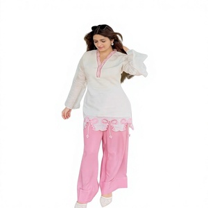 Presentamos el Nuevo Conjunto Pur Roman de Top y Pantalones Plazzo con Bordado de Diseño para Fiestas, Elástico, Antiarrugas, Reversible y de Secado Rápido - Product Image 1