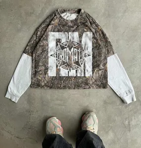 Jersey Tshirt Baggy Camo gerçek ağaç Camo gömlek özel Streetwear pamuk Boxy Tee baskı çift katmanlı uzun kollu tişörtler erkekler için