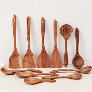 Juego de vajilla de madera de teca pulida, conjunto de utensilios de cocina de color Natural, venta al por mayor de fábrica