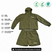 Ensemble coupe-vent unisexe vert olive, veste à capuche et short, survêtement streetwear, vêtements de sport, personnalisable OEM ODM en gros