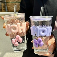 Gobelet à paille en verre style coréen avec nœud papillon, grande valeur esthétique, grande capacité, isolation thermique, texture martelée, pour jus de bureau