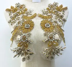 RM-545 свадебные кружевные аппликации, украшенные бисером, на плечи невесты, с кристаллами, пришитое платье, аппликация для праздничного платья