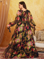 Robe de soirée longue à manches lanternes, taille plissée, col en V, avec broche en strass, pour femmes grandes tailles, avec fente et ceinture