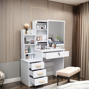 Coiffeuse moderne en bois avec tiroirs, miroir sur pied réglable et éclairage, pour salle de bain, design panneau, marque JMY - Product Image 3