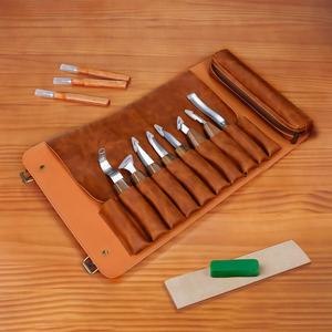 Custom Pure Pu Leather <b>Storage</b> <b>Bag</b> With <b>Zipper</b> Closure Wood Carving Knife Tool Kit for Woodworking Beginners - Product Image 3