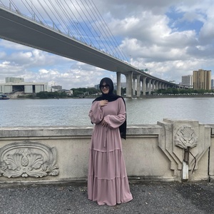 6420# Bubble Chiffon Simplicity Solid Color Elastic Sleeves Splicing Fashion Long Dress Muslim Turkey Islamic Clothing - Product Image 5