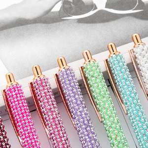 Stylos à bouton-poussoir mignons avec perles - Stylos à bille en métal multicolores pour étudiants et cadeaux promotionnels - Product Image 2