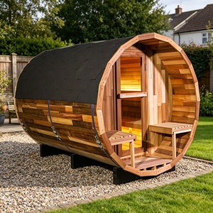 Sauna Exterior Moderna Cuadrada para 6 Personas, de Madera Sólida de Cedro Rojo Ecológico, con Estufa Eléctrica Panorámica - Product Image 1