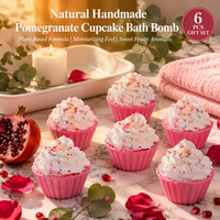 Set de 6 Bombas de Baño Artesanales Naturales con Aroma a Cupcake de Granada, Color Rosa y Blanco, con Espuma y Chispas, Hidratantes y Aromáticas, Marca Privada OEM