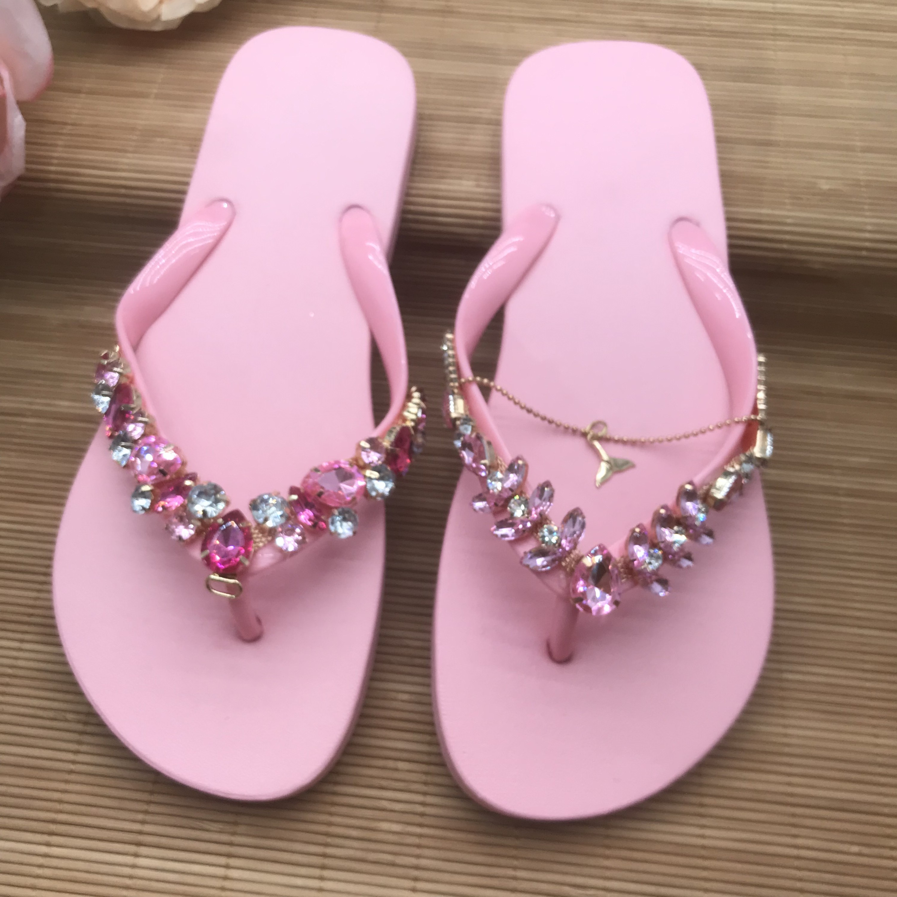 Boho Crystal Flower Slide Sandals For Women - Sparkly Flat Flip Flops, Dressy Beach Sandal - View #11