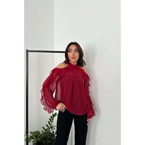 Blusa de Mujer al por Mayor, Color Borgoña, Hombros Descubiertos, Tallas XL-3XL, Corte Holgado, Chifón y Algodón, Estilo Casual Bohemio, Color Sólido, para Verano, Otoño y Primavera - Product Image 6