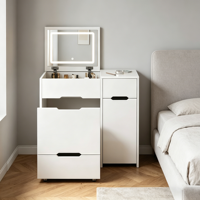 Nouvelle Coiffeuse Moderne Simple en Bois avec Miroir Lumineux, Tiroirs et Chaise – Idéale pour Appartement et Chambre à Coucher