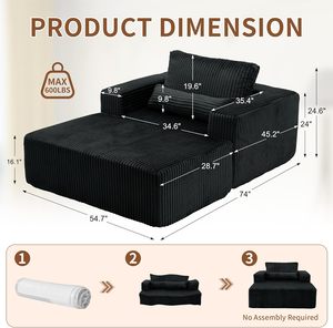 Ghế dài thư giãn cỡ lớn hiện đại 54.7 inch, bọc vải nhung, kiểu <span class=keywords><strong>sofa</strong></span> giường không khung, chỗ ngồi sâu, không cần lắp ráp - Product Image 2