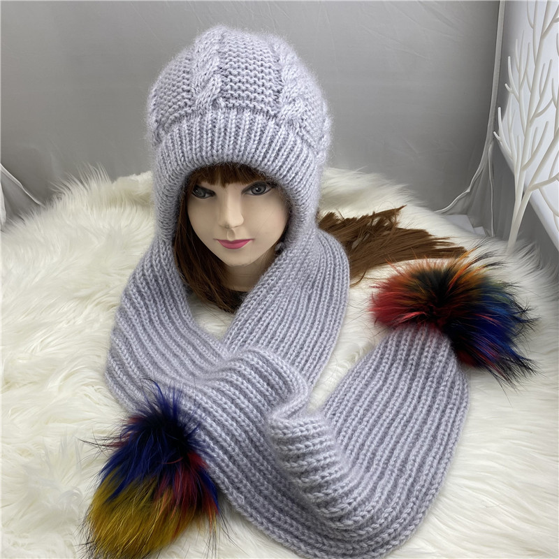 Лидер продаж, женские индивидуальные однотонные теплые вязаные зимние шапки с капюшоном и шарфы