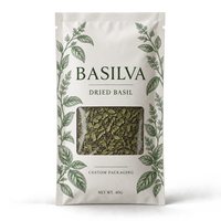 Sachets d'emballage pour épices à trois soudures latérales avec fenêtre transparente pour 40g de feuilles de basilic séchées, sacs de rangement pour herbes imprimés sur mesure