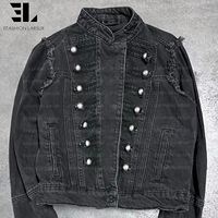 Veste Bomber en Jean Délavé Style Napoléon LARSUR, Coupe Slim, Col Montant, pour Moto, Veste Hussar en Jean Court