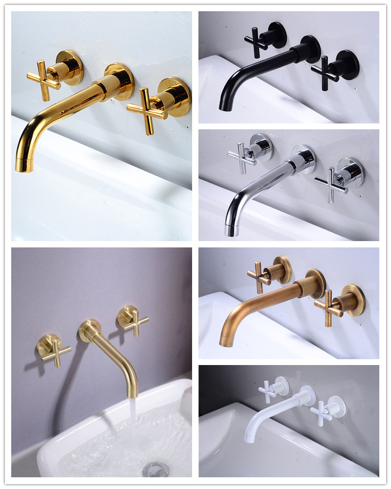 Luxury wall mounted brass double handle black Concealed  basin mixer faucet