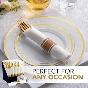 Ensemble de couverts dorés pré-roulés avec serviette aspect lin pour mariage, traiteur, fête, événement – Vaisselle jetable élégante en gros avec logo personnalisé - Product Image 2