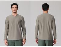 T-shirt en tricot à manches longues et col en V pour homme, coupe classique, décontracté, uni, 220 g/m²