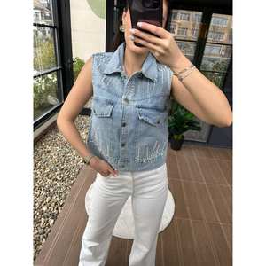 Chaleco Vaquero con Adornos de Perlas, Top Corto sin Mangas para Mujer, 100% Algodón Lavable, Chaqueta Vaquera a la Moda - Product Image 1