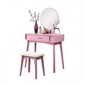 Maly Contemporary Wood Makeup <b>Vanity</b> <b>With</b> <b>Mirror</b> And Stool Set In Pink Color For Bedroom Use - Product Image 1