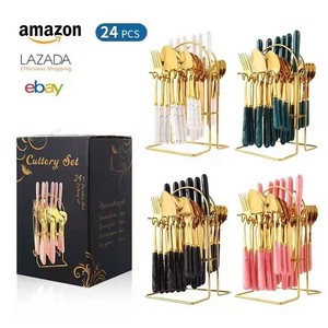 24PCS tương tự như gốm màu sắc phong cách dao nĩa và muỗng nhựa xử lý Bộ đồ ăn Hộp Quà Tặng thiết lập tái sử dụng thép không gỉ kim loại - Product Image 2