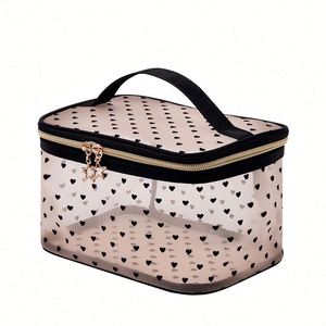Clear Heart Pattern Cosmetic Toiletry <b>Bag</b> With Handle Gold Zipper <b>Transparent</b> Travel <b>Makeup</b> <b>Bags</b> Promotion Gift - Product Image 1