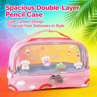 Trousse à crayons transparente double couche, grande capacité, organisateur de papeterie, pochette à stylos à imprimé mignon, sac de rangement pour fournitures scolaires avec fermeture éclair