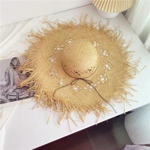 Chapeau de plage pour femme à <span class=keywords><strong>large</strong></span> bord effiloché en fourrure style été avec ruban, décontracté, sortie, vacances en bord de mer, chapeau de soleil - Product Image 4