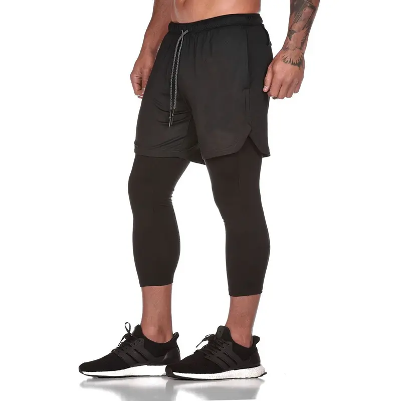 Men Two Layers Sports Wear Gym Shorts Pants Workout Running Leggings Mens 2 in 1 Compression Pants