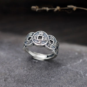 Fengshuiジュエリーアジャスタブルリングレトロシルバーカラー調節可能な縁起の良い5つの皇帝コインリング男性用 - Product Image 6