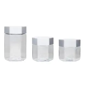 BPA gratis clear plastic zeshoek snoep honing jar container met witte dop