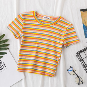 Casual O-Neck Women's Crop <strong>Top</strong> T-Shirt 95% Cotton 5% Spandex Sweet Slim Fit <strong>Rainbow</strong> Striped Design - Product Image 3
