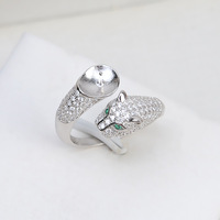 Bague ouverte tête de léopard en argent S925 plaqué or blanc, micro-pavée de zircons, réglable avec perle, pour la fabrication de bijoux