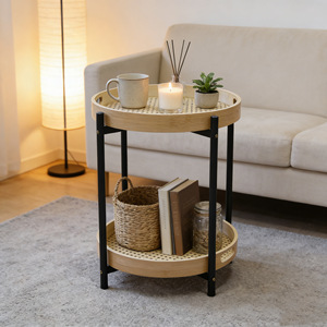 Table de rangement ronde à 2 niveaux en bambou tressé avec pieds en fer pour salon, chambre et extérieur - Product Image 3