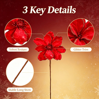 Tige de Poinsettia Rouge Scintillante pour Décoration de Noël, Fleur Artificielle en Velours Rouge, Décoration pour Arbre de Noël