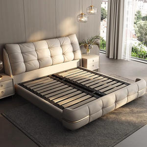 Cama Doble Moderna Minimalista de Lujo con Tapicería de Cuero Crema y Estructura de Madera Sólida con Espacio de Almacenamiento, <span class=keywords><strong>2x2</strong></span> Metros - Product Image 4
