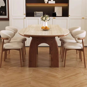 Nuovo Set Tavolo da Pranzo in Legno Massello Stile Francese Mid-Century 2026, Allungabile da Rotondo a Quadrato, Multifunzionale con Piano in <span class=keywords><strong>Lastra</strong></span> di <span class=keywords><strong>Marmo</strong></span> - Product Image 5