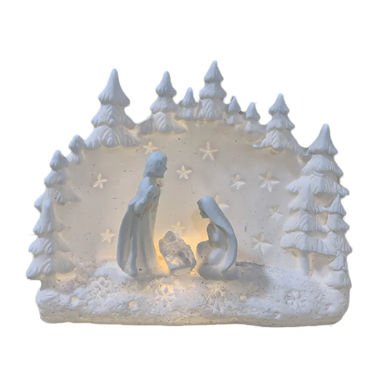 Красивая керамическая освещенная религиозная статуя рождественской семьи