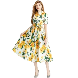 High quality summer new vintage yellow rose cotton printed large hem dress