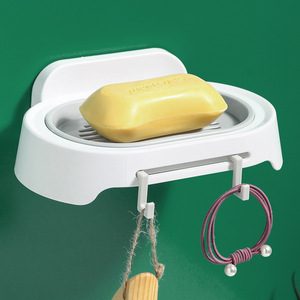 Soap <b>Dish</b> Holder Wall Mount Plastic Drain <b>Rack</b> Pink Minimalist Design Bathroom Soap Tray With Hooks For Storage - Product Image 2