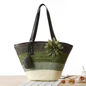 Borsa Tote da spiaggia in paglia intrecciata in stile pastorale con fornitura di fabbrica 2023 con un favoloso fiore di seta