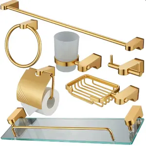 Aluminium-Badezimmerzubehör-Set goldener quadratischer Taschentuchhalter Handtuchständer, Seifenkorb Handtuchregal Glasregal Hardware-Set