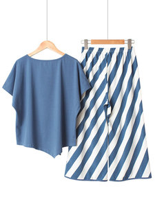 Pyjama pour femmes en coton 100% rayé, taille élastique, manches courtes, col marin - Séchage rapide, respirant, vêtements de nuit thermiques (taille) - Product Image 2